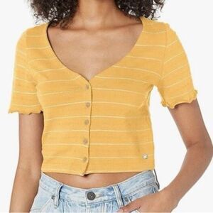 Roxy Uncomplicated Mind Button Front Stripe Tee Ochre Beachy Yarn, Small, NWT